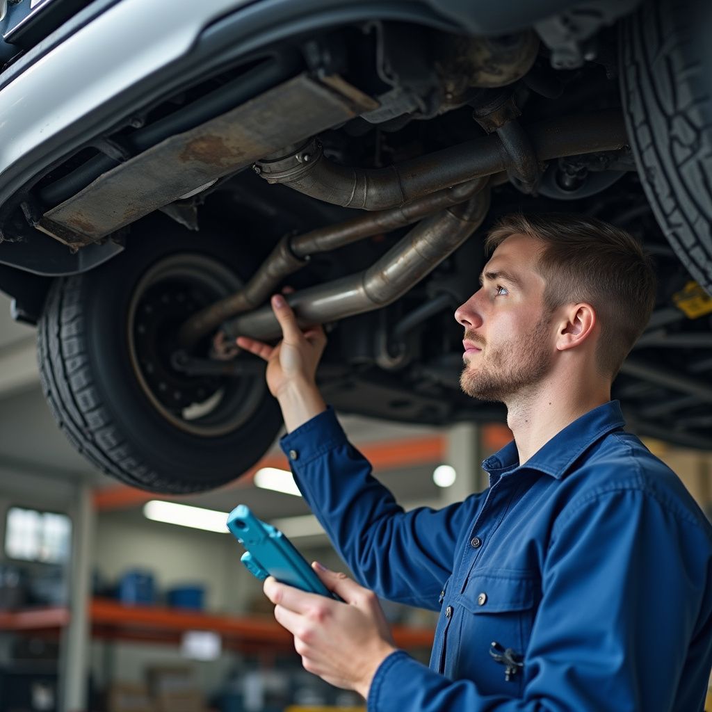Mechanic inspecting car exhaust system, holding tablet in garage.