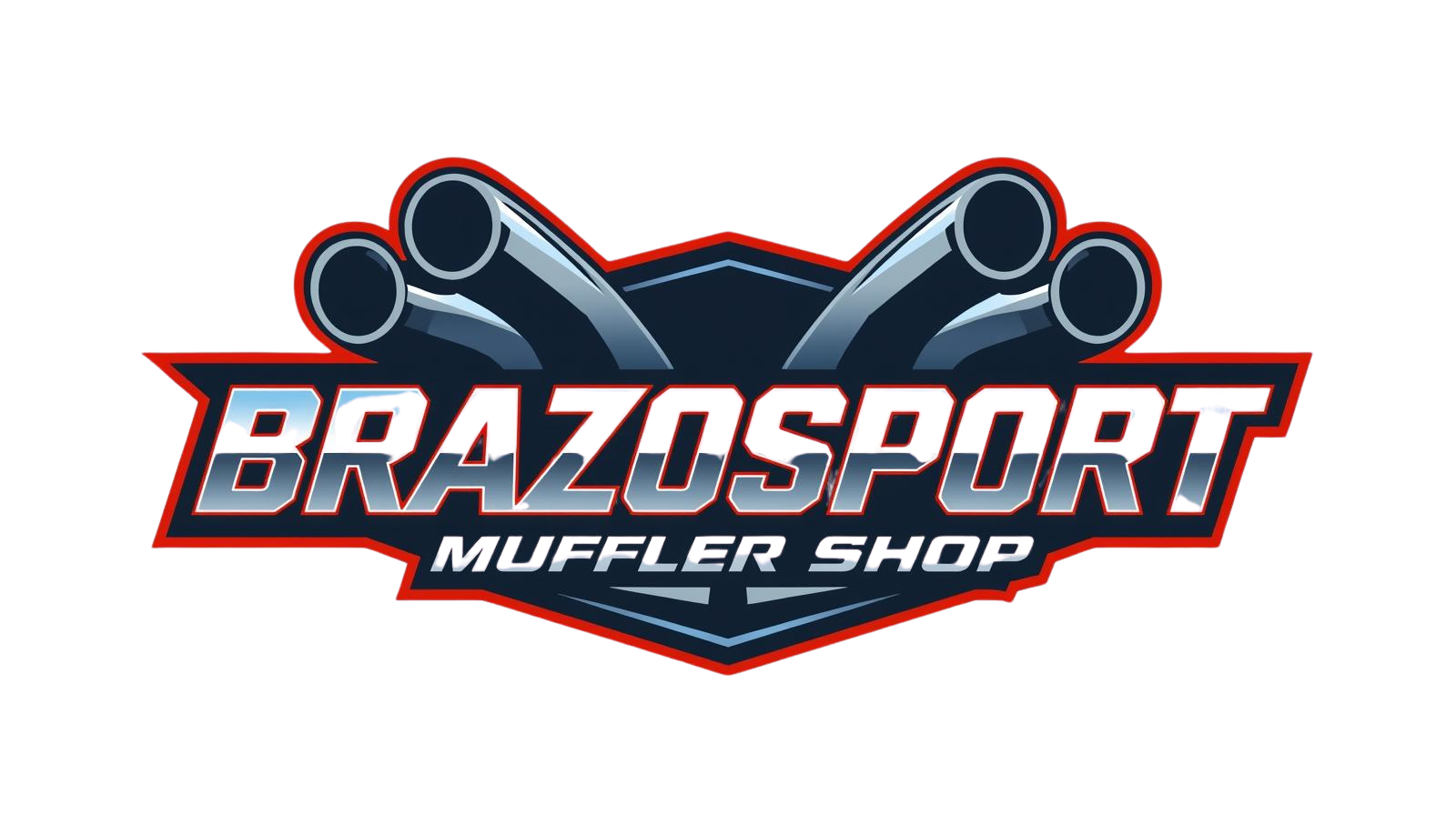 Logo for Brazosport Muffler Shop: features exhaust pipes in blue and gray against a red and blue emblem, with
