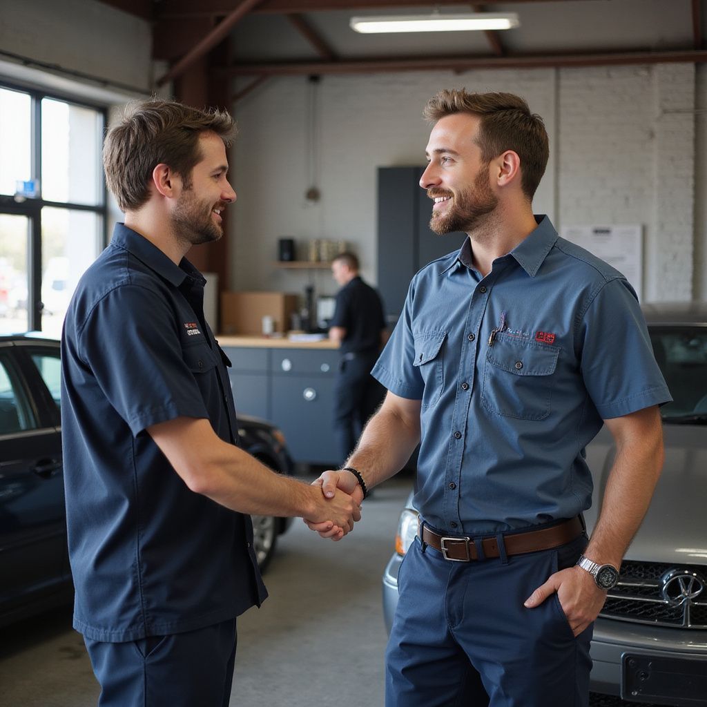 Two men shaking hands in a car repair shop. Both wear blue work shirts and smile. 