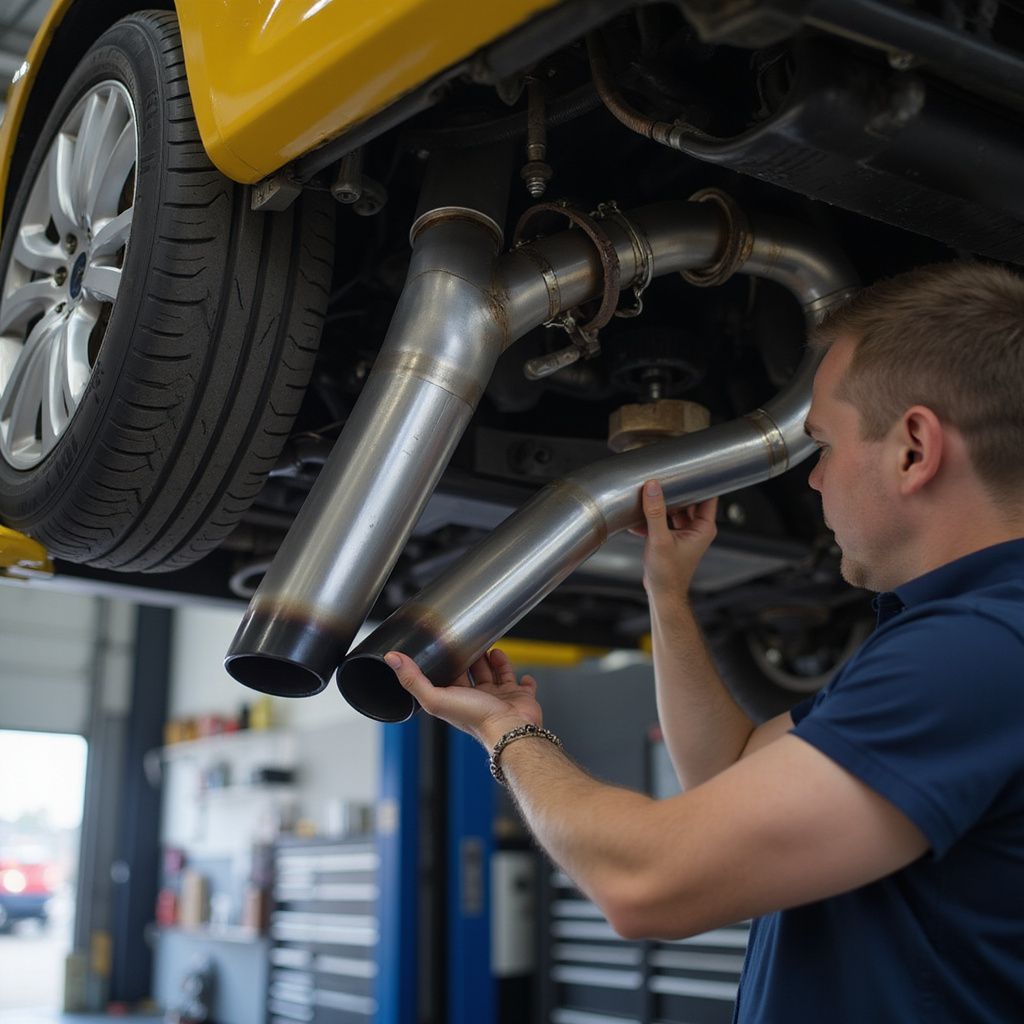 Mechanic installing exhaust system on a yellow car in a garage.