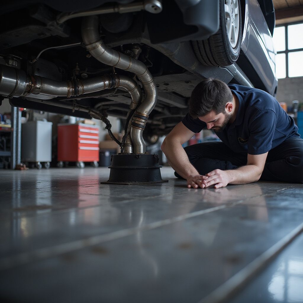 Mechanic works under a car in a shop, inspecting the exhaust system.