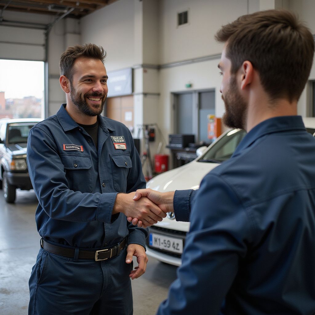 Two mechanics shaking hands in a car repair shop.