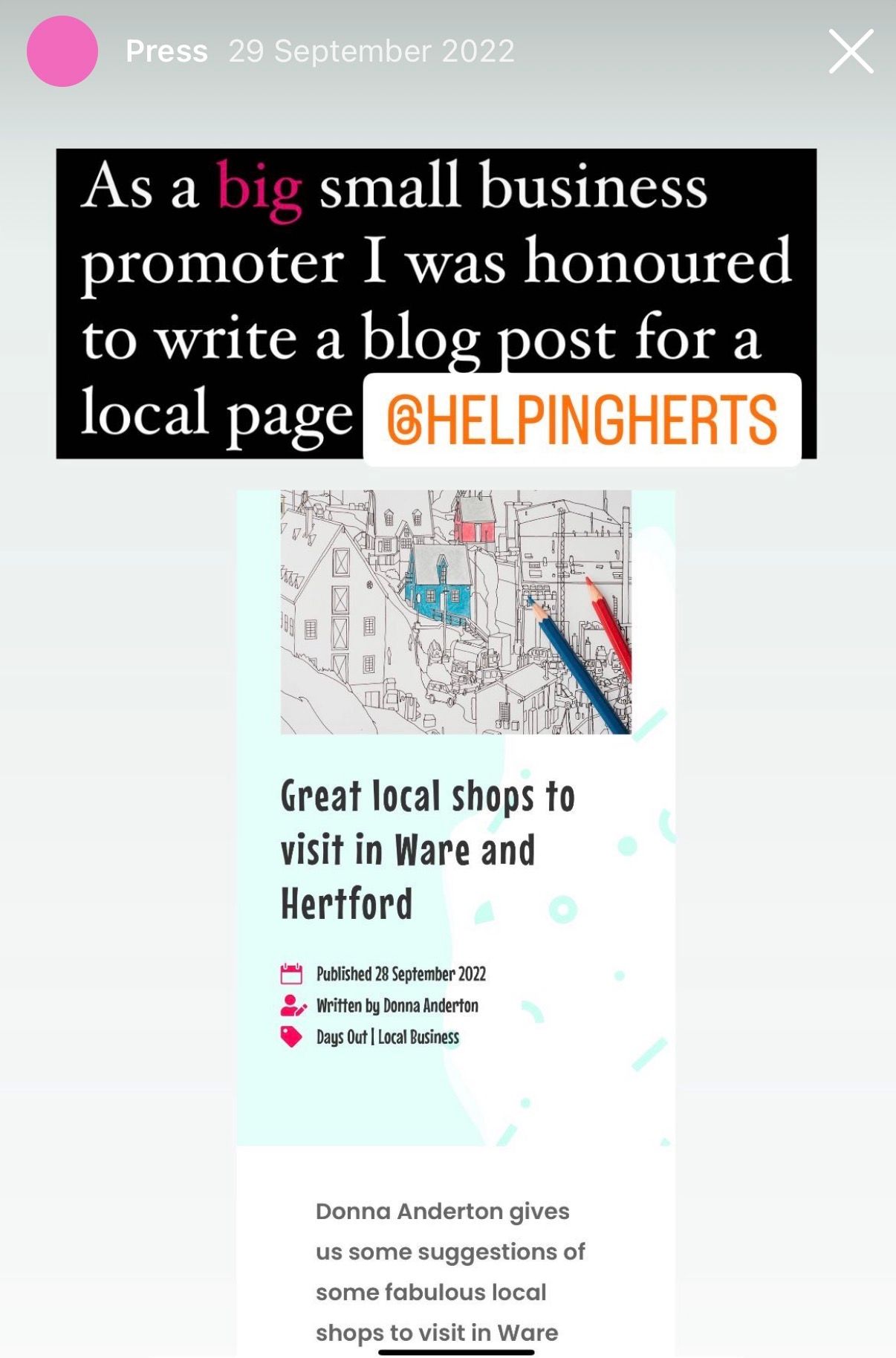 Blog post to support local small businesses= Donna anderton instagram expert - social media - Hertfordshire