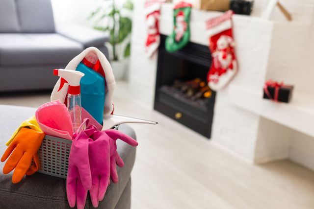 Basket of colorful cleaning tools beside a fireplace in a bright living room