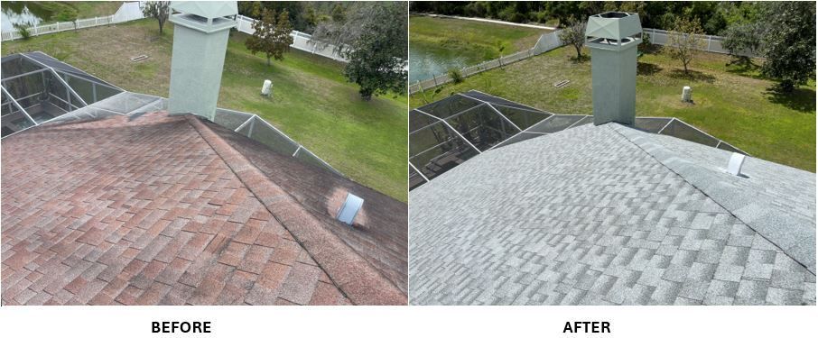 A before and after picture of a roof with a chimney.