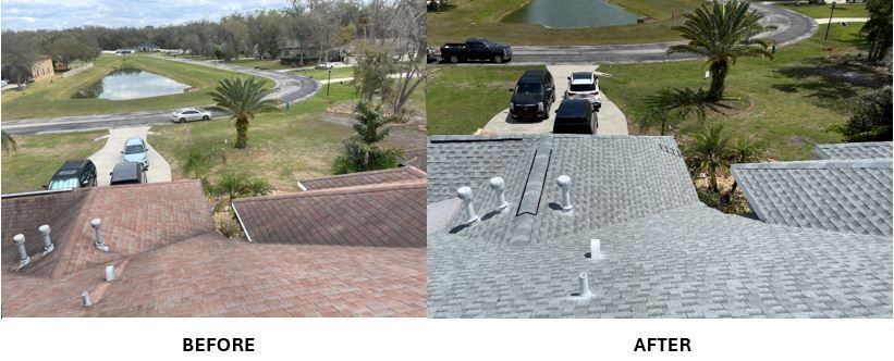 A before and after picture of a house roof