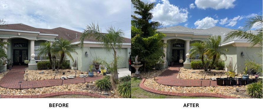 A before and after picture of a house with palm trees.