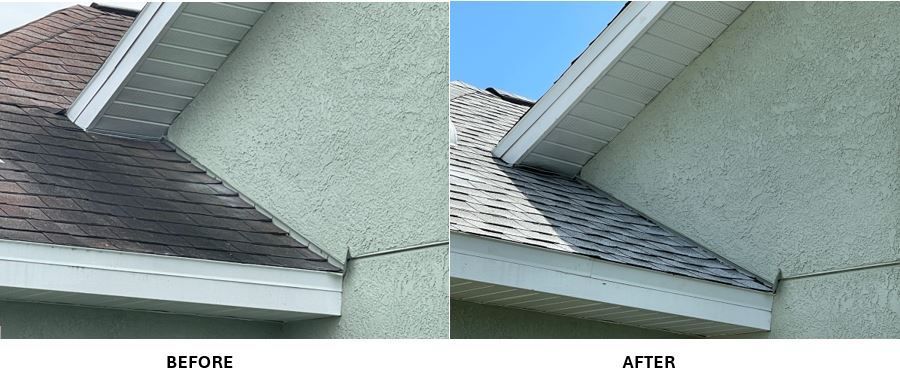 A before and after picture of a house roof
