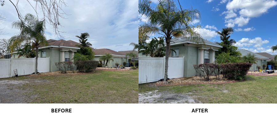 A before and after picture of a house with a white fence.
