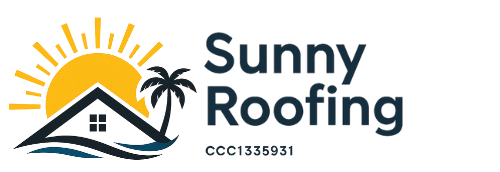 A logo for sunny roofing llc with a house and palm trees
