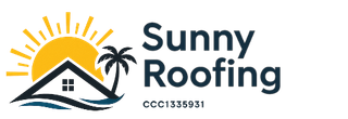 A logo for sunny roofing llc with a house and palm trees