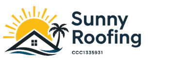 A logo for sunny roofing llc with a house and palm trees