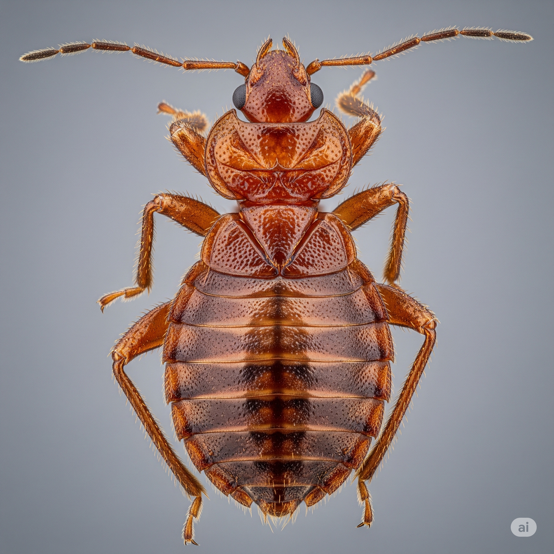Cockroach on wooden surface. Brown insect with long antennae, spiky legs, and dark, glossy back.