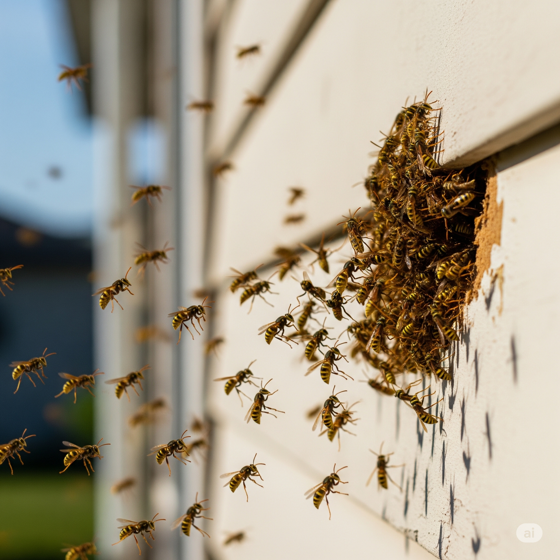 Wasps clustered on white siding. Several wasps are flying.