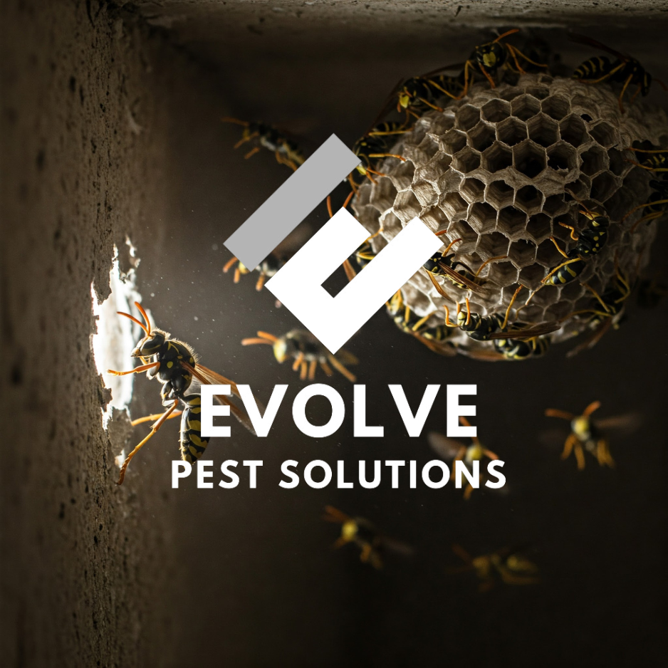 Wasps swarm around a nest in a concrete structure; Evolve Pest Solutions logo.
