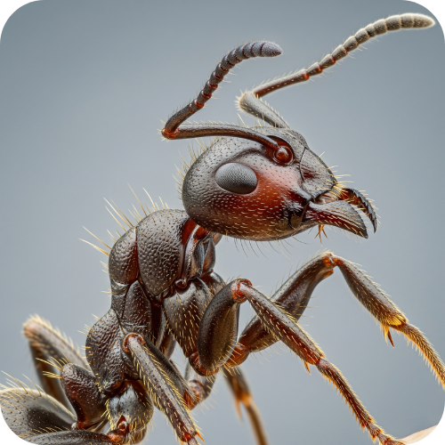 Close-up of a black ant, detailed exoskeleton, large mandibles, and articulated legs, against a gray background.