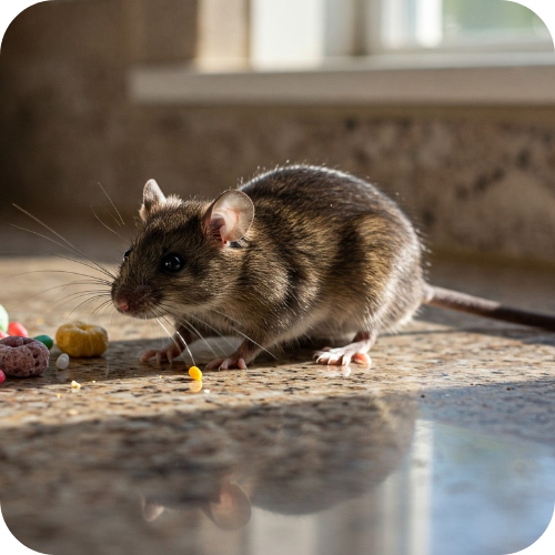 Mouse on a countertop eating food crumbs, near a window.