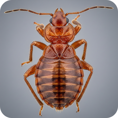 Brown bed bug, showing body segments, antennae, and legs, on a gray background.