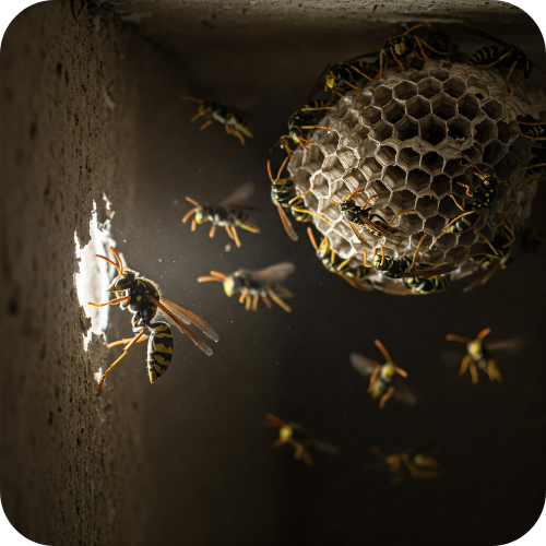 Wasps building a nest inside a concrete structure; wasps flying around a honeycomb nest.