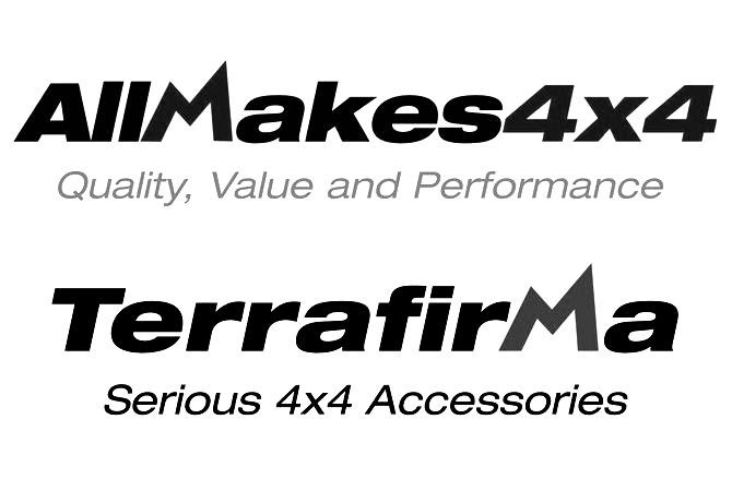 Logos pour AllMakes4x4 et Terrafirma, accessoires 4x4. AllMakes4x4 : texte noir, slogan gris. Terrafirma : texte noir, « Ma » et slogan gris.