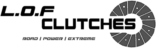 Logo pour LOF Clutches : Texte noir avec une image d'embrayage grise, mots « Road | Power | Extreme » en dessous.