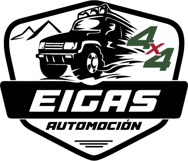 Logo d'Eigas Automoción, représentant un véhicule 4x4 avec des montagnes et le texte 