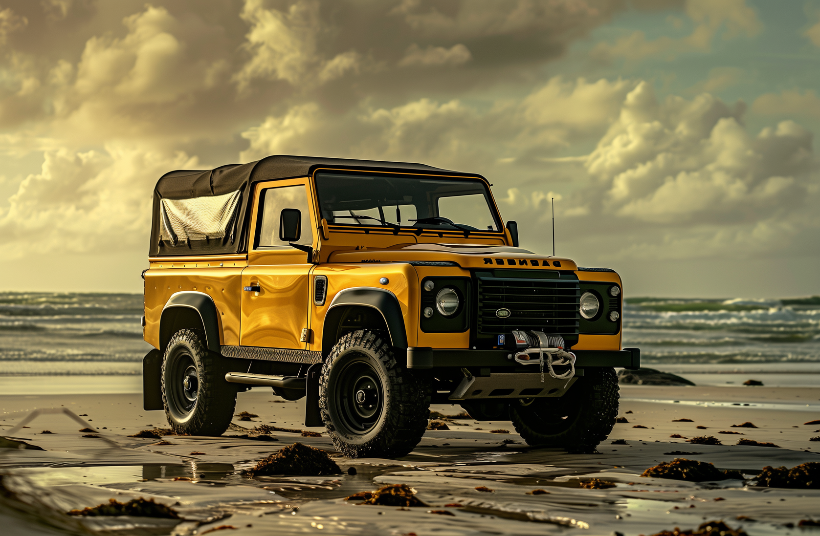 Land Rover Defender jaune sur une plage, roues noires, capote sombre, ciel couvert.