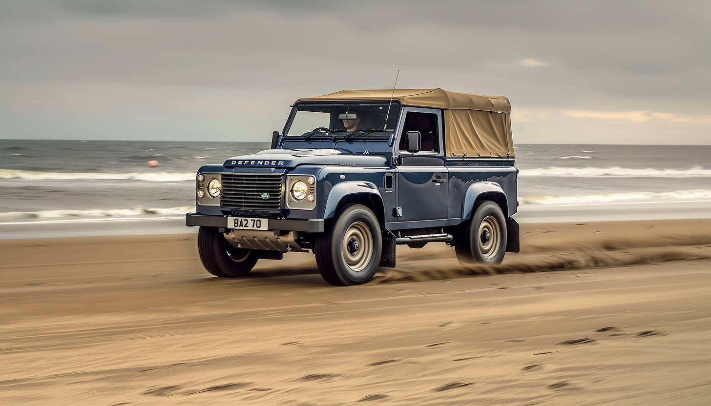 Land Rover Defender bleu roulant sur une plage de sable près de l'océan.