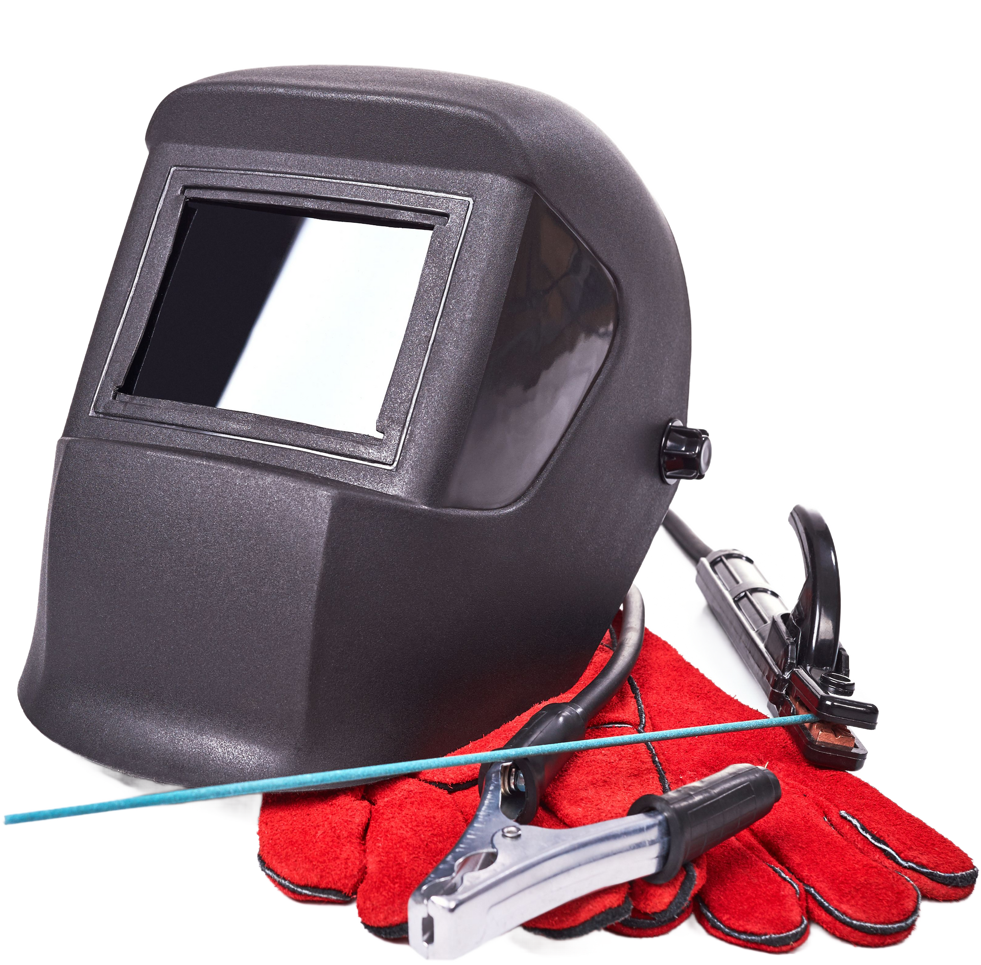 A welding helmet with red gloves and a welding torch