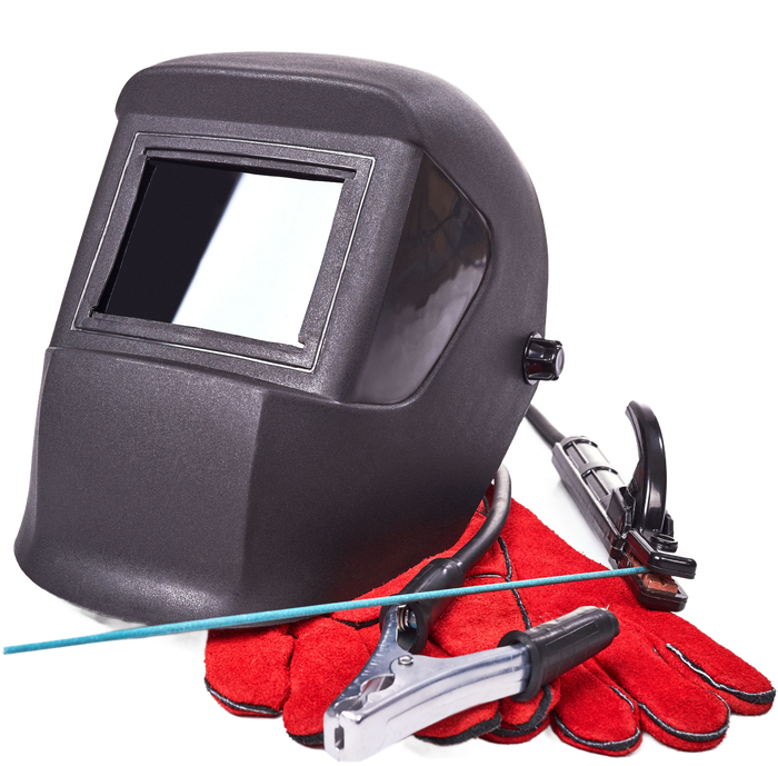 A welding helmet with red gloves and a welding torch