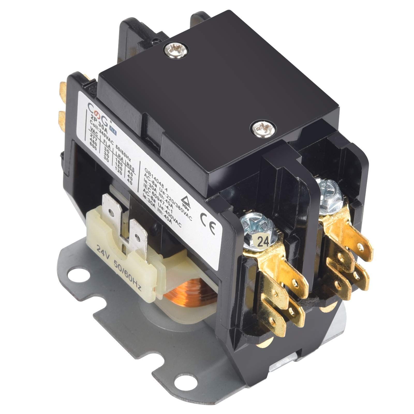 A close up of a black electrical contactor on a white background