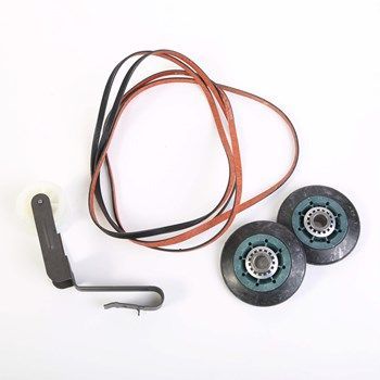 A pair of wheels and a belt on a white surface.
