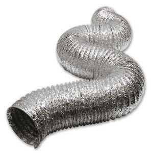A close up of an aluminum duct on a white background.