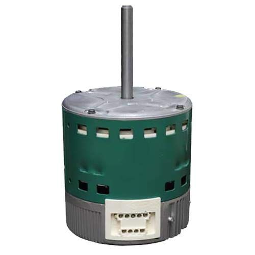 A green and white fan motor with a metal shaft on a white background.
