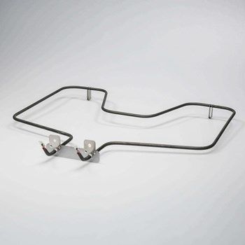 A stainless steel oven heating element is sitting on a white surface.