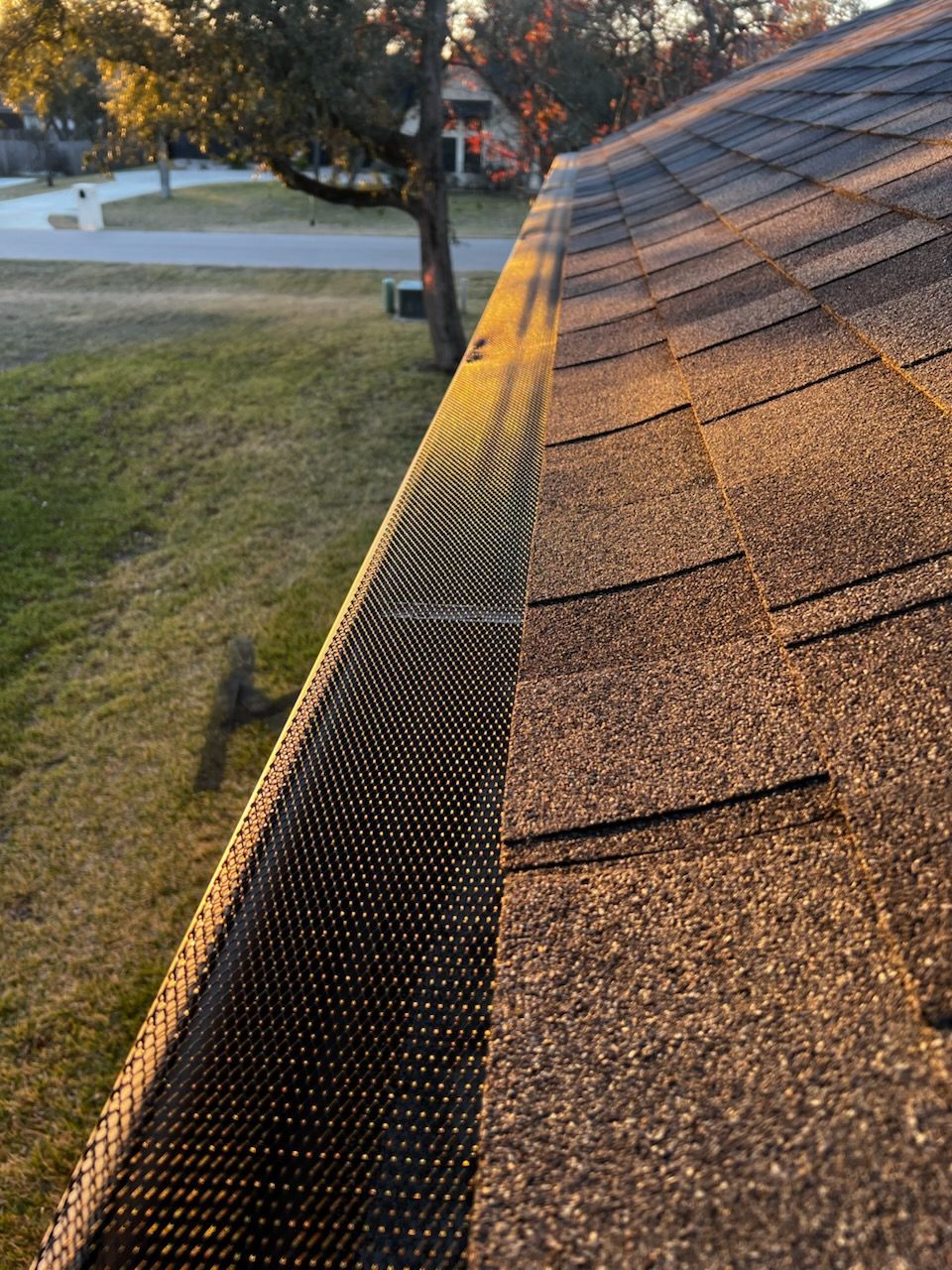 A close up of a gutter on a roof with a tree in the background.