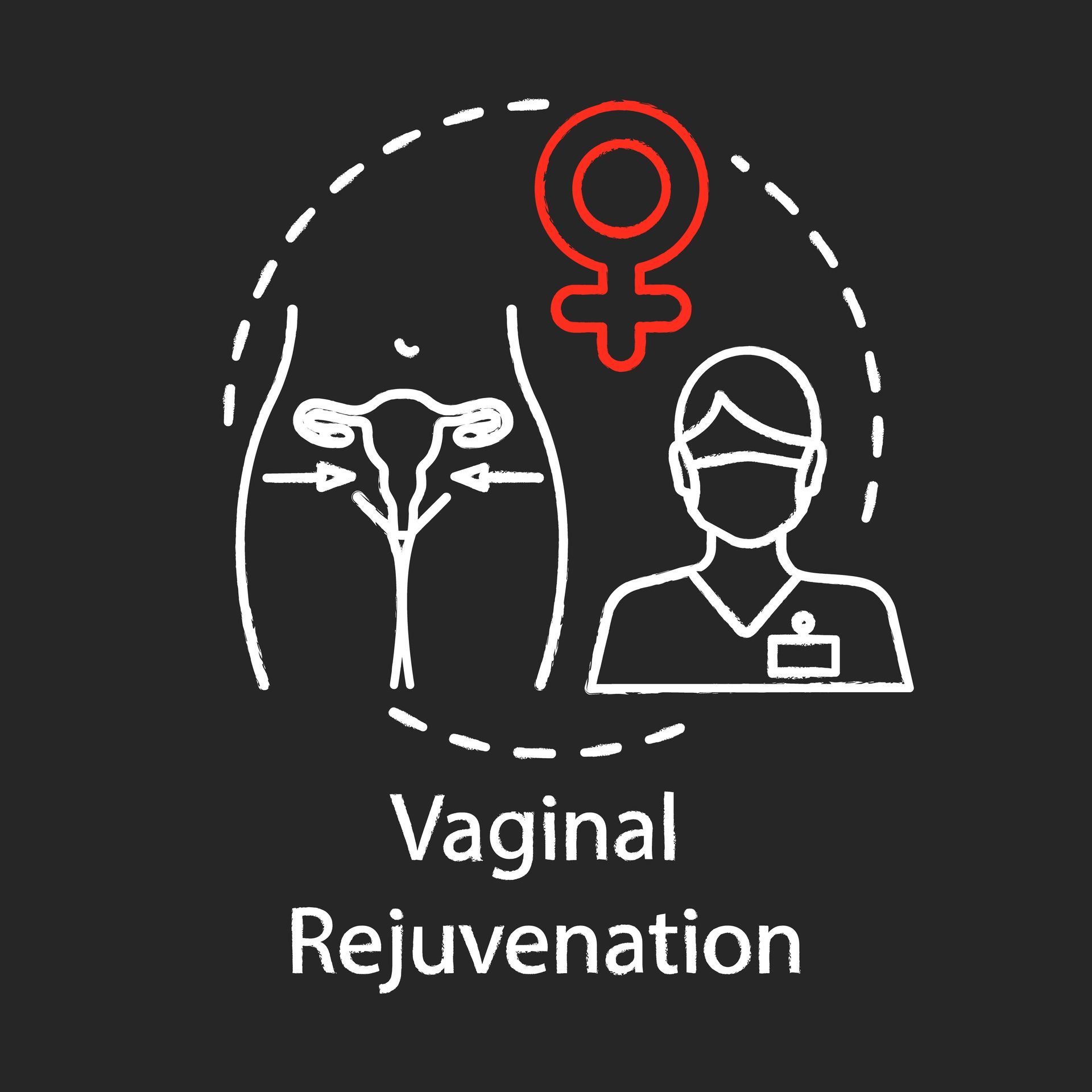 “Vaginal Rejuvenation” icon with floral graphic, clinician outline, and red accent symbol.