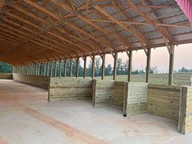 A white cement truck pouring concrete in a dirt area surrounded by trees under a blue sky.