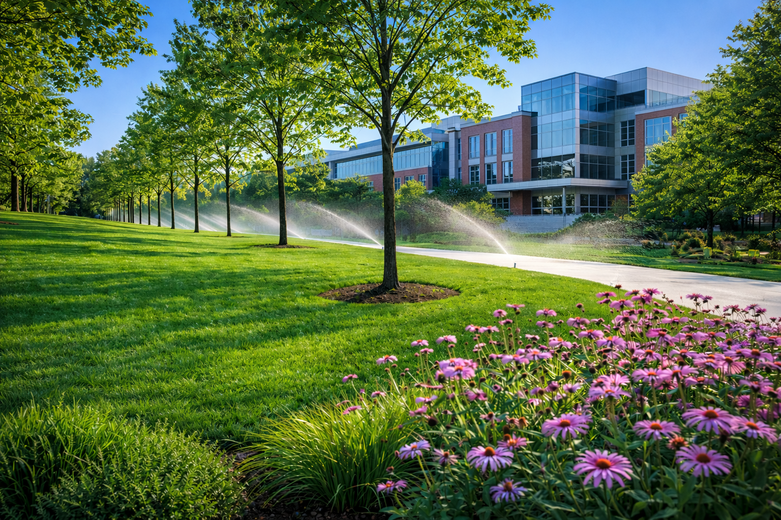 A lawn with green trees and flowers in the foreground, with sprinklers spraying water near a building on a sunny day.