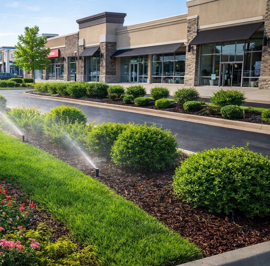 A sprinkler waters a row of shrubs and grass in front of a modern commercial shopping center. A sprinkler waters a row of shrubs and grass in front of a modern commercial shopping center.