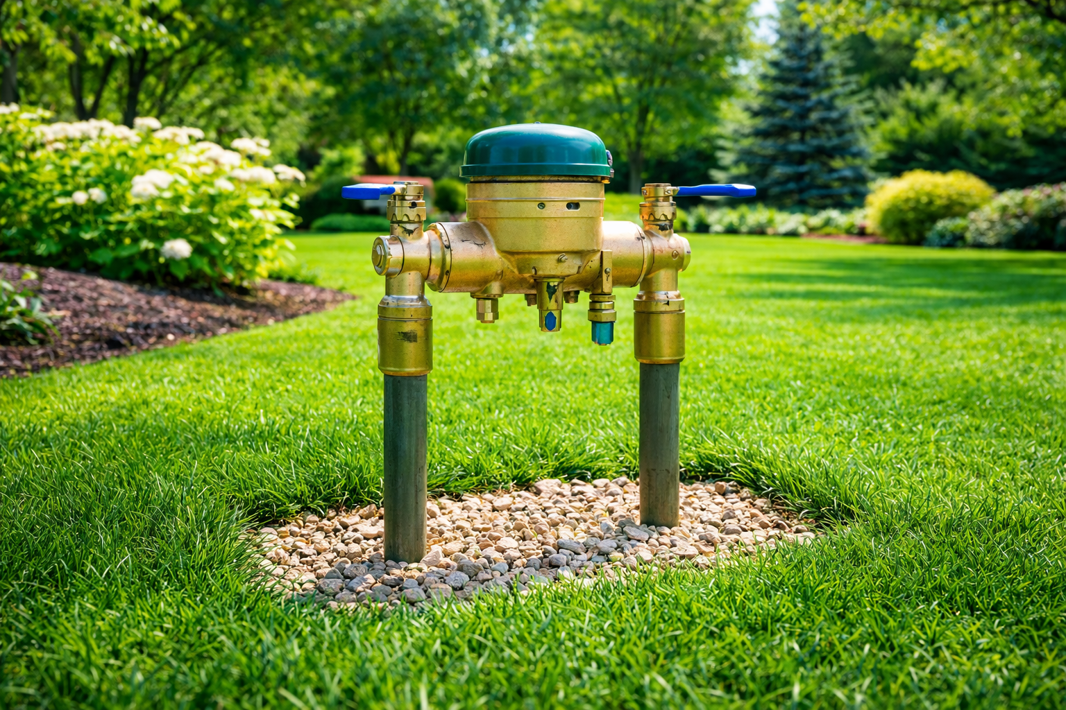 A brass backflow preventer valve with a green cover, standing on a bed of gravel in a lush green lawn.