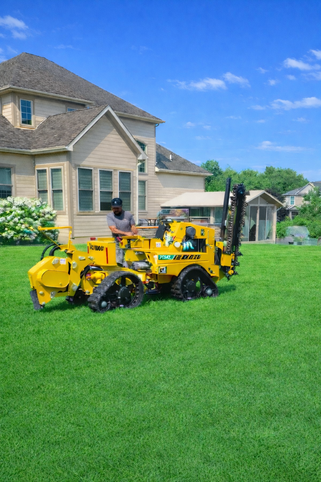 A person kneeling in a garden uses pliers to repair a grey plastic irrigation manifold connected to a black pipe.