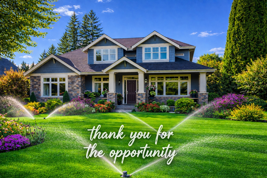 Three workers in a garden, installing a black irrigation pipe next to a house with beige siding and green plants. Three workers in a garden, installing a black irrigation pipe next to a house with beige siding and green plants.