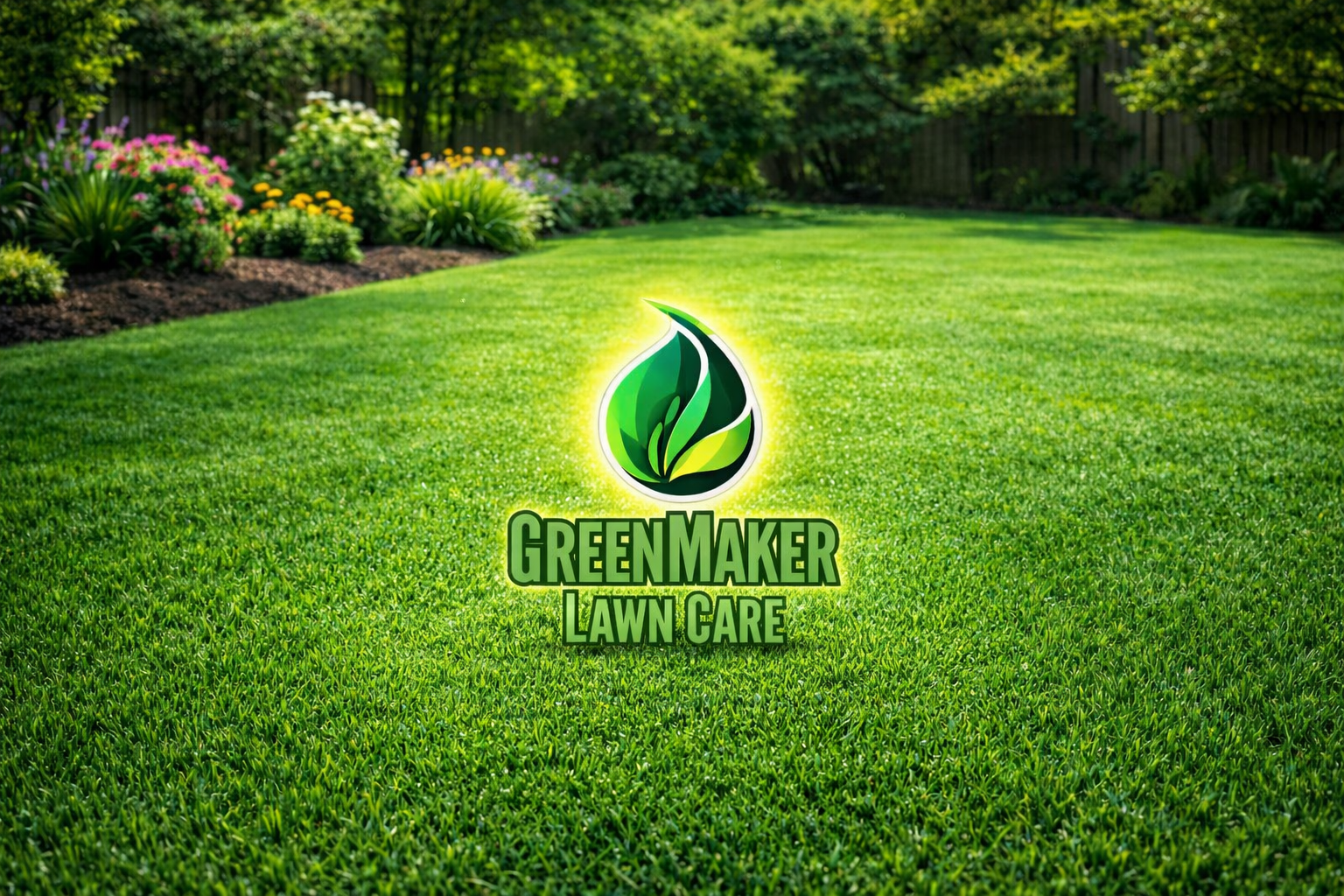 A GreenMaker Lawn Care logo over a vibrant green lawn with a playground in the background on a sunny day.
