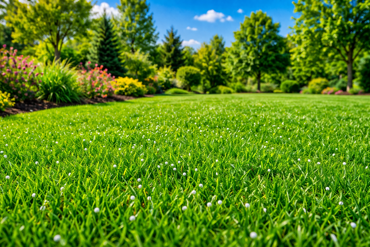 A mechanical lawn aerator with metal spikes penetrates the soil in a grassy yard.