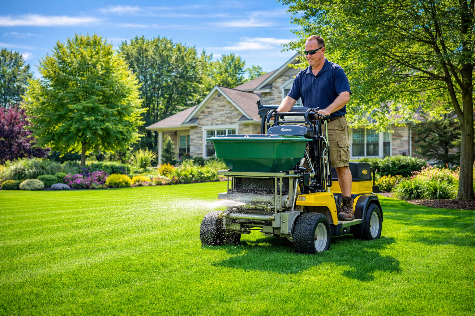 A person in a blue shirt rides a yellow lawn spreader across a lush green lawn in front of a suburban house.
