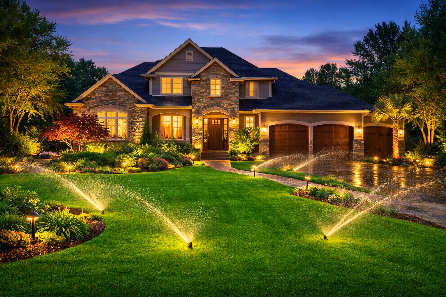 An orange and black lawn mower sits on a green, grassy lawn, cutting a path through the grass.