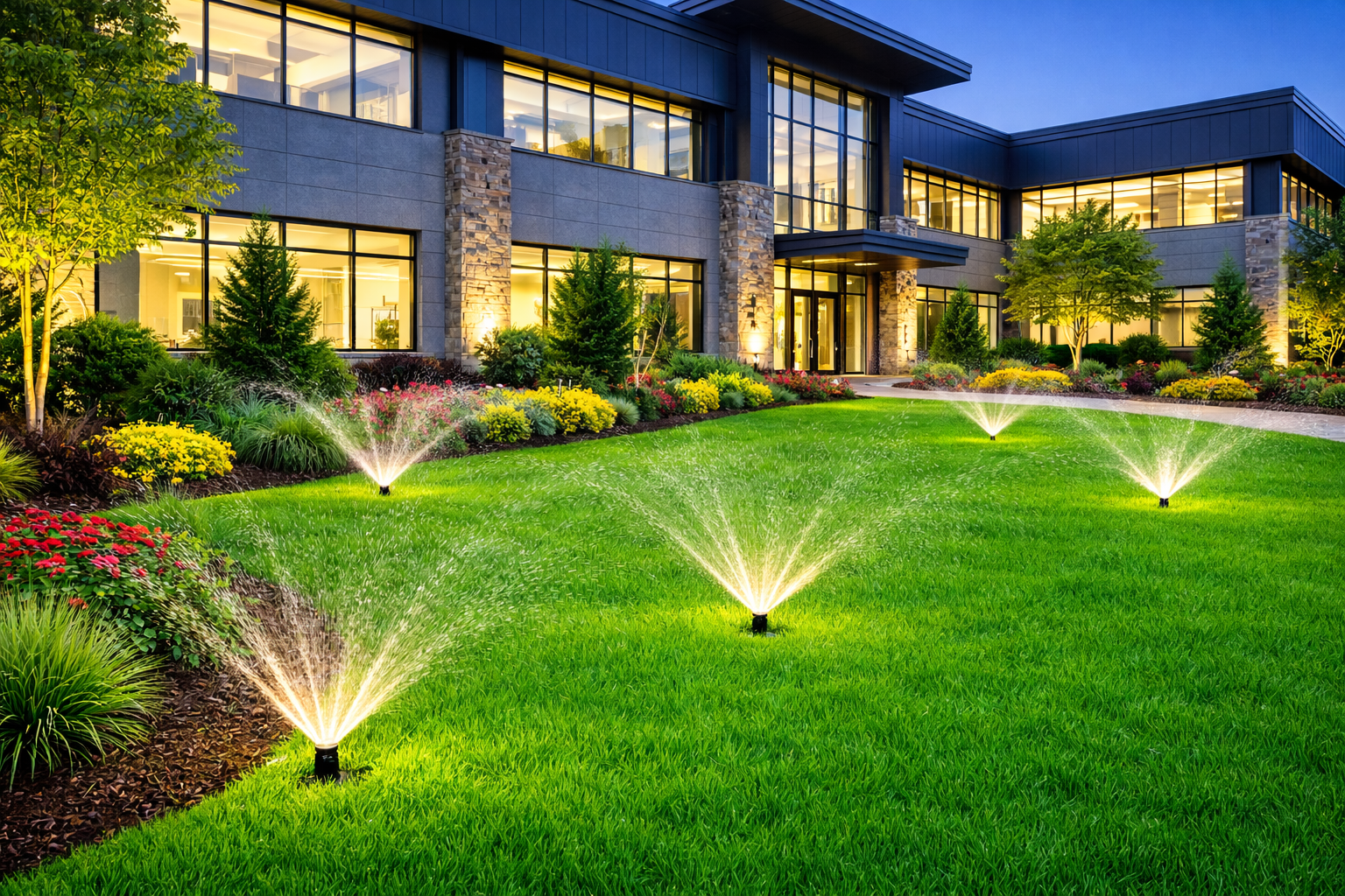 A multi-story stone home with a pool and patio, featuring a lush green lawn being watered by several garden sprinklers. A multi-story stone home with a pool and patio, featuring a lush green lawn being watered by several garden sprinklers.