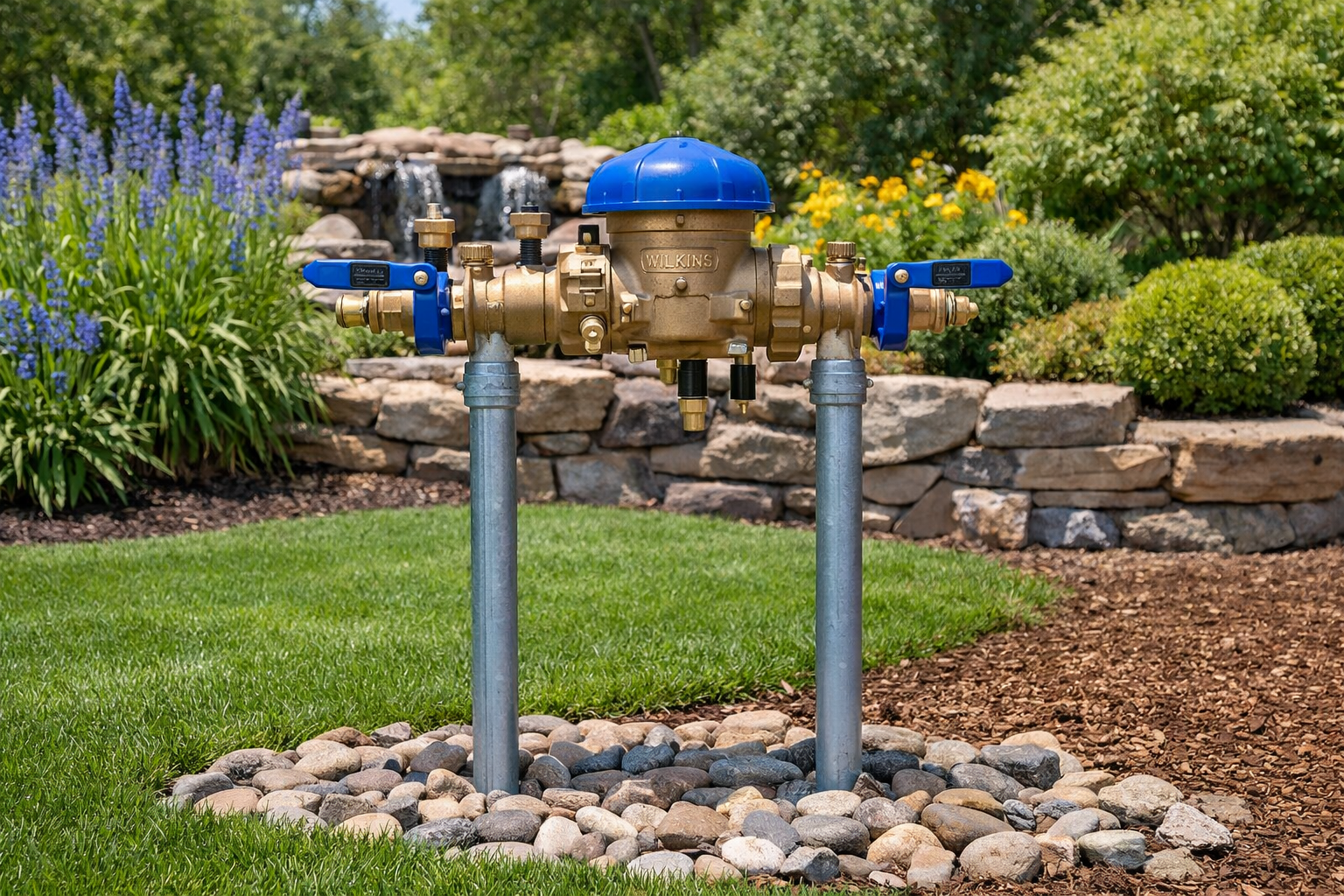 A person wearing a green uniform and cap kneels in a garden, installing or repairing an outdoor irrigation system. A person wearing a green uniform and cap kneels in a garden, installing or repairing an outdoor irrigation system.