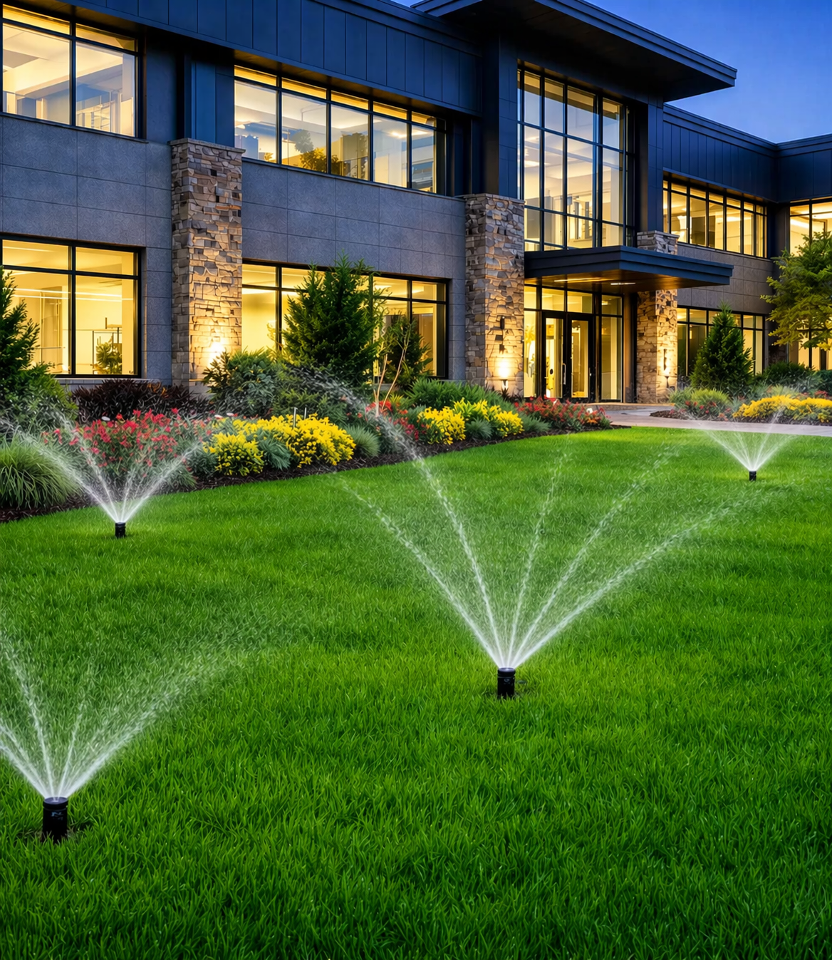 A multi-story stone home with a pool and patio, featuring a lush green lawn being watered by several garden sprinklers. A multi-story stone home with a pool and patio, featuring a lush green lawn being watered by several garden sprinklers.
